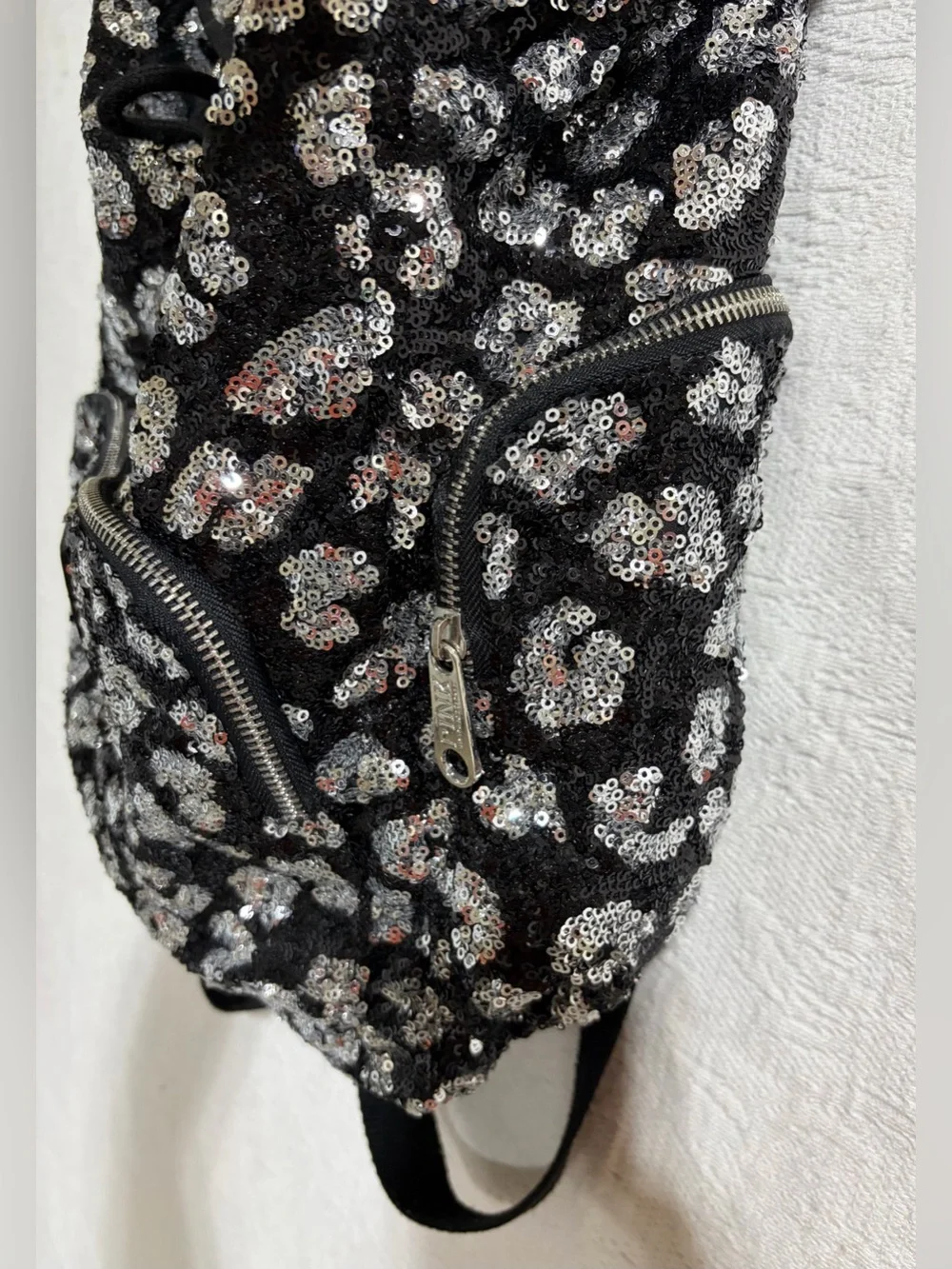 Victoria's Secret PINK Leopard Cheetah Backpack Bag Sequin Black Silver RARE